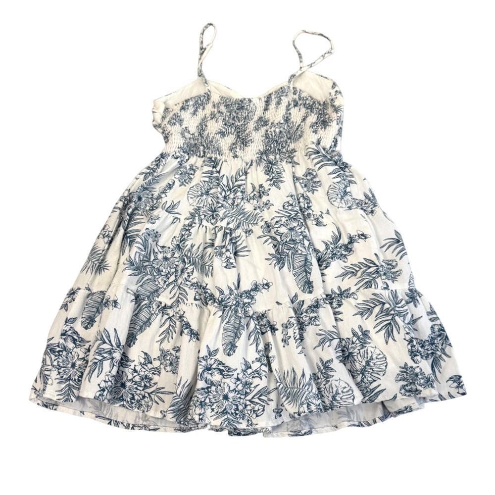 Gypsy and Gold Mini Dress Sz Medium Tropical Floral Summer Tiered Sun White Blue - Picture 2 of 9